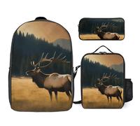 Zaino da 3 pezzi per donne e uomini, leggero, casual, borsa a tracolla, set con borsa termica per il pranzo e astuccio organizer con alce nel prato