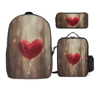Zaino da 3 pezzi per donne e uomini, leggero, casual, borsa a tracolla, set con borsa termica per il pranzo e astuccio organizer a forma di cuore su corda