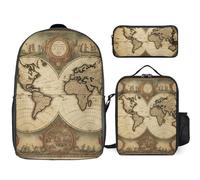 Zaino da 3 pezzi per donne e uomini, leggero, casual, borsa a tracolla, set con borsa termica per il pranzo e astuccio organizer Old Map
