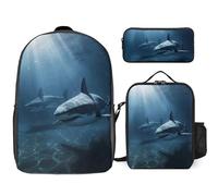 Zaino da 3 pezzi per donne e uomini, leggero, casual, borsa a tracolla, set con borsa termica per il pranzo e astuccio organizer con due squali