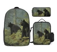 Zaino da 3 pezzi per donne e uomini, leggero, casual, borsa a tracolla, set con borsa termica per il pranzo e astuccio organizer con orsi neri