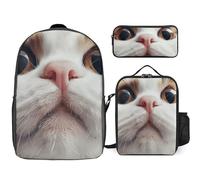 Zaino da 3 pezzi per donne e uomini, leggero, casual, borsa a tracolla, set con borsa termica per il pranzo e astuccio organizer marrone con faccia di gatto