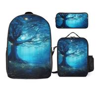 Zaino da 3 pezzi per donne e uomini, leggero, casual, borsa a tracolla, set con borsa termica per il pranzo e astuccio organizer mistico fantasy blu natura