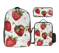 Zaino da 3 pezzi per donne e uomini, leggero, casual, borsa a tracolla, set con borsa termica per il pranzo e astuccio organizer rosso fragola fiore