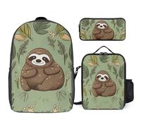 Zaino da 3 pezzi per donne e uomini, leggero, casual, borsa a tracolla, set con borsa termica per il pranzo e astuccio organizer bradipo sull'erba, stile, taglia unica