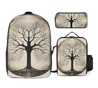 Zaino da 3 pezzi per donne e uomini, leggero, casual, borsa a tracolla, set con borsa termica per il pranzo e astuccio organizer con disegno a linee di albero