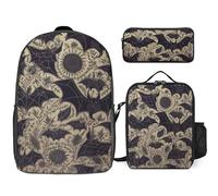 Zaino da 3 pezzi per donne e uomini, leggero, casual, borsa a tracolla, set con borsa termica per il pranzo e astuccio organizer con motivo pipistrello