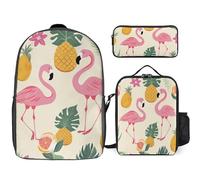 Zaino da 3 pezzi per donne e uomini, leggero, casual, borsa a tracolla, set con borsa termica per il pranzo e astuccio organizer, fenicotteri e ananas