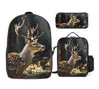 Zaino da 3 pezzi per donne e uomini, leggero, casual, borsa a tracolla, set con borsa termica per il pranzo e astuccio organizer con cervo in natura