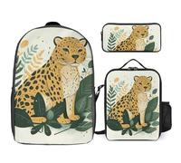 Zaino da 3 pezzi per donne e uomini, leggero, casual, borsa a tracolla, set con borsa termica per il pranzo e astuccio organizer con animali sulle foglie