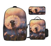 Zaino da 3 pezzi per donne e uomini, leggero, casual, borsa a tracolla, set con borsa termica per il pranzo e astuccio organizer con dente di leone fiore