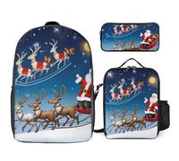 Zaino da 3 pezzi per donne e uomini, leggero, casual, borsa a tracolla, set con borsa termica per il pranzo e astuccio organizer Merry Christmas Babbo Natale renna slitta