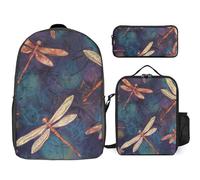Zaino da 3 pezzi per donne e uomini, leggero, casual, borsa a tracolla, set con borsa termica per il pranzo e astuccio organizer dipinto a mano libellula