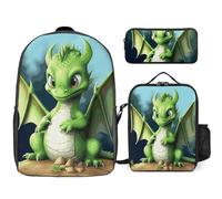 Zaino da 3 pezzi per donne e uomini, leggero, casual, borsa a tracolla, set con borsa termica per il pranzo e astuccio organizer drago carino