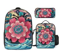 Zaino da 3 pezzi per donne e uomini, leggero, casual, borsa a tracolla, set con borsa termica per il pranzo e astuccio organizer con stampa artistica verde