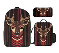 Zaino da 3 pezzi per donne e uomini, leggero, casual, borsa a tracolla, set con borsa termica per il pranzo e astuccio organizer con renna rossa e marrone