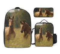 Zaino da 3 pezzi per donne e uomini, leggero, casual, borsa a tracolla, set con borsa termica per il pranzo e astuccio organizer con cavallo nell'erba