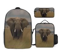 Zaino da 3 pezzi per donne e uomini, leggero, casual, borsa a tracolla, set con borsa termica per il pranzo e astuccio organizer con elefante nell'erba