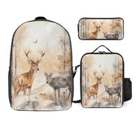 Zaino da 3 pezzi per donne e uomini, leggero, casual, borsa a tracolla, set con borsa termica per il pranzo e astuccio organizer con cervo dipinto