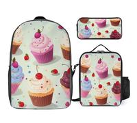 Zaino da 3 pezzi per donne e uomini, leggero, casual, borsa a tracolla, set con borsa termica per il pranzo e astuccio organizer deliziosi cupcake