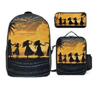 Zaino da 3 pezzi per donne e uomini, leggero, casual, borsa a tracolla, set con borsa termica per il pranzo e astuccio organizer con cinque sagome di danza hawaiana