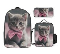 Zaino da 3 pezzi per donne e uomini, leggero, casual, borsa a tracolla, set con borsa termica per il pranzo e astuccio organizer gatto grigio con fiocco, stile, taglia unica