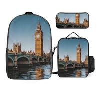 Zaino da 3 pezzi per donne e uomini, leggero, casual, borsa a tracolla, set con borsa termica per il pranzo e astuccio organizer Big Ben e Houses of Parliament Riverside