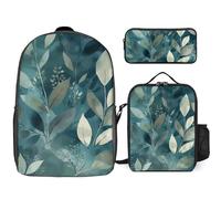 Zaino da 3 pezzi per donne e uomini, leggero, casual, borsa a tracolla, set con borsa termica per il pranzo e astuccio organizer con foglie semplici in stile cartone animato