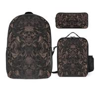 Zaino da 3 pezzi per donne e uomini, leggero, casual, borsa a tracolla, set con borsa termica per il pranzo e astuccio organizer gotico carta da parati per pareti teschio damascato