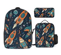 Zaino da 3 pezzi per donne e uomini, leggero, casual, borsa a tracolla, set con borsa termica per il pranzo e astuccio organizer con motivo razzo spaziale