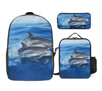 Zaino da 3 pezzi per donne e uomini, leggero, casual, borsa a tracolla, set con borsa termica per il pranzo e astuccio organizer per la famiglia di delfini