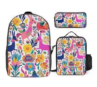 Zaino da 3 pezzi per donne e uomini, leggero, casual, borsa a tracolla, set con borsa termica per il pranzo e astuccio organizer messicano Otomi Animals