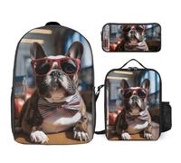 Zaino da 3 pezzi per donne e uomini, leggero, casual, borsa a tracolla, set con borsa termica per il pranzo e astuccio, organizzatori bulldog francese che indossa occhiali da sole, stile, taglia unica