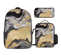 Zaino da 3 pezzi per donne e uomini, leggero, casual, borsa a tracolla, set con borsa termica per il pranzo e astuccio organizer nero dorato marmo inchiostro