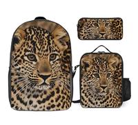 Zaino da 3 pezzi per donne e uomini, leggero, casual, borsa a tracolla, set con borsa termica per il pranzo e astuccio organizer carino leopardo, stile, taglia unica
