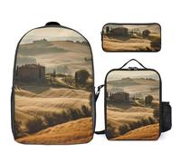 Zaino da 3 pezzi per donne e uomini, leggero, casual, borsa a tracolla, set con borsa termica per il pranzo e astuccio organizer vista del tipico paesaggio toscano