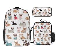 Zaino da 3 pezzi per donne e uomini, leggero, casual, borsa a tracolla, set con borsa termica per il pranzo e astuccio organizer, grazioso motivo carlino chihuahua