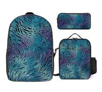 Zaino da 3 pezzi per donne e uomini, leggero, casual, borsa a tracolla, set con borsa termica per il pranzo e astuccio organizer con stampa zebrata blu