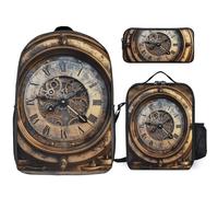 Zaino da 3 pezzi per donne e uomini, leggero, casual, borsa a tracolla, set con borsa termica per il pranzo e astuccio, organizer con orologio steampunk