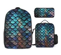 Zaino da 3 pezzi per donne e uomini, leggero, casual, borsa a tracolla, set con borsa termica per il pranzo e astuccio organizer 3D magico motivo scaglie di drago