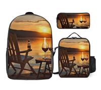 Zaino da 3 pezzi per donne e uomini, leggero, casual, borsa a tracolla, set con borsa termica per il pranzo e astuccio, organizer sedia e vino al tramonto lago