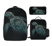 Zaino da 3 pezzi per donne e uomini, leggero, casual, borsa a tracolla, set con borsa termica per il pranzo e astuccio organizer con tartaruga marina verde brillante