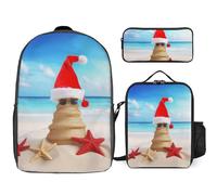 Zaino da 3 pezzi per donne e uomini, leggero, casual, borsa a tracolla, set con borsa termica per il pranzo e astuccio organizer Merry Christmas Beach