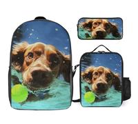 Zaino da 3 pezzi per donne e uomini, leggero, casual, borsa a tracolla, set con borsa termica per il pranzo e astuccio organizer divertente con cane che nuota