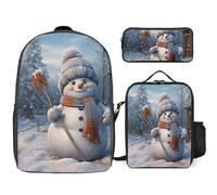 Zaino da 3 pezzi per donne e uomini, leggero, casual, borsa a tracolla, set con borsa termica per il pranzo e astuccio, organizer laborioso pupazzo di neve