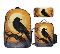 Zaino da 3 pezzi per donne e uomini, leggero, casual, borsa a tracolla, set con borsa termica per il pranzo e astuccio organizer con corvo