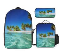 Zaino da 3 pezzi per donne e uomini, leggero, casual, borsa a tracolla, set con borsa termica per il pranzo e astuccio, organizer con palme e mare trasparente