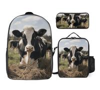 Zaino da 3 pezzi per donne e uomini, leggero, casual, borsa a tracolla, set con borsa termica per il pranzo e astuccio organizer, simpatiche mucche, stile, taglia unica