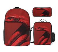 Zaino da 3 pezzi per donne e uomini, leggero, casual, borsa a tracolla, set con borsa termica per il pranzo e astuccio organizer con serpente rosso riccio