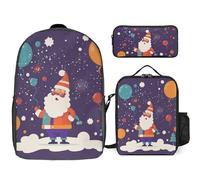 Zaino da 3 pezzi per donne e uomini, leggero, casual, borsa a tracolla, set con borsa termica per il pranzo e astuccio organizzatori Cartoon Happy Santa Claus